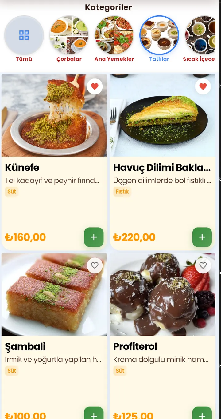 MENUME BAK müşteri ekranı: Kategori görünümü